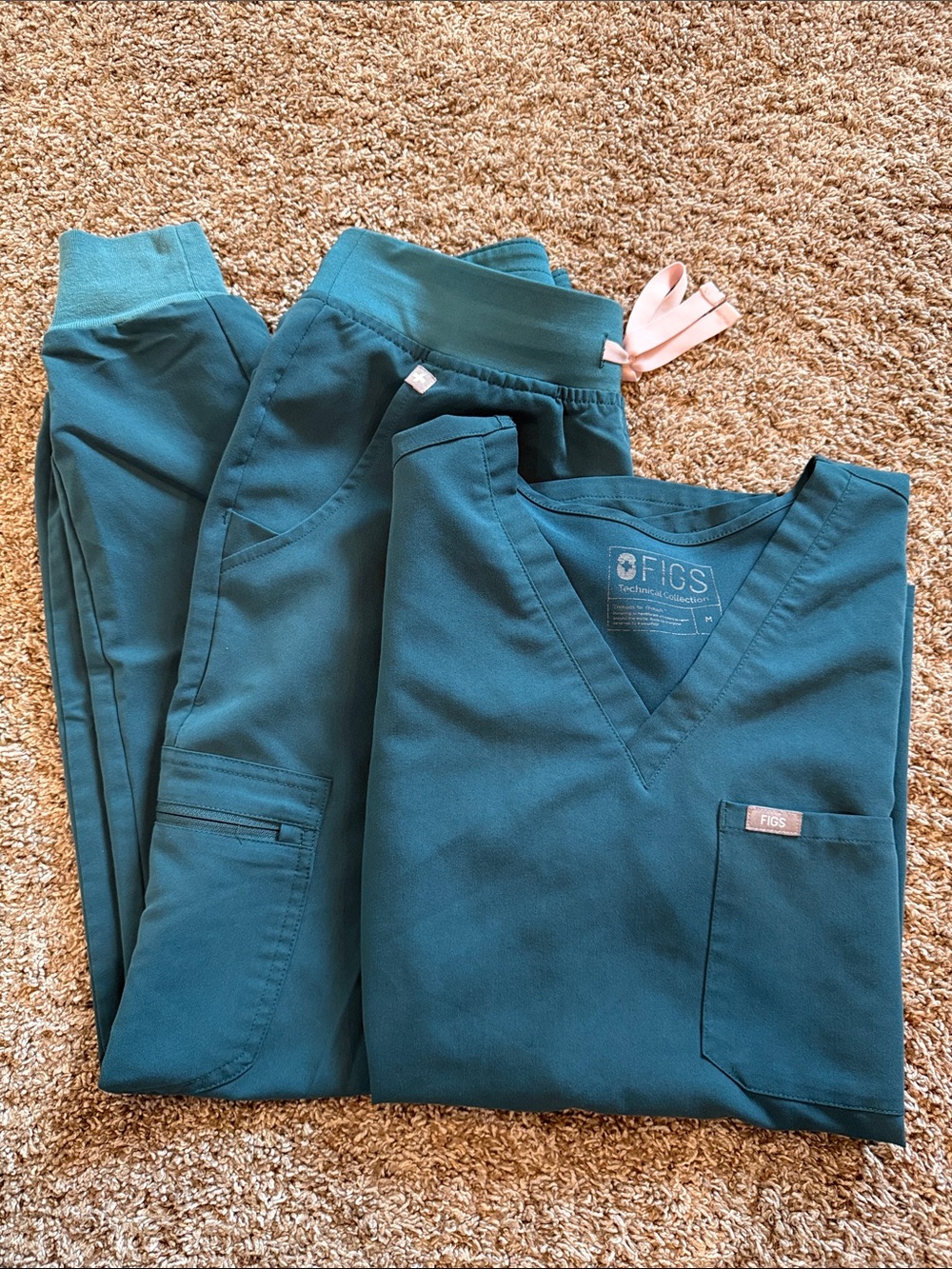 Figs Women’s Scrub Set in Caribbean Blue with Pink Drawstring